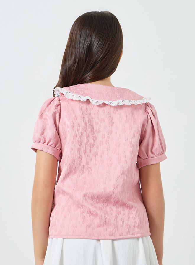 ستايلي بلوزة جاكار بتفاصيل دانتيل للبنات - Image 3